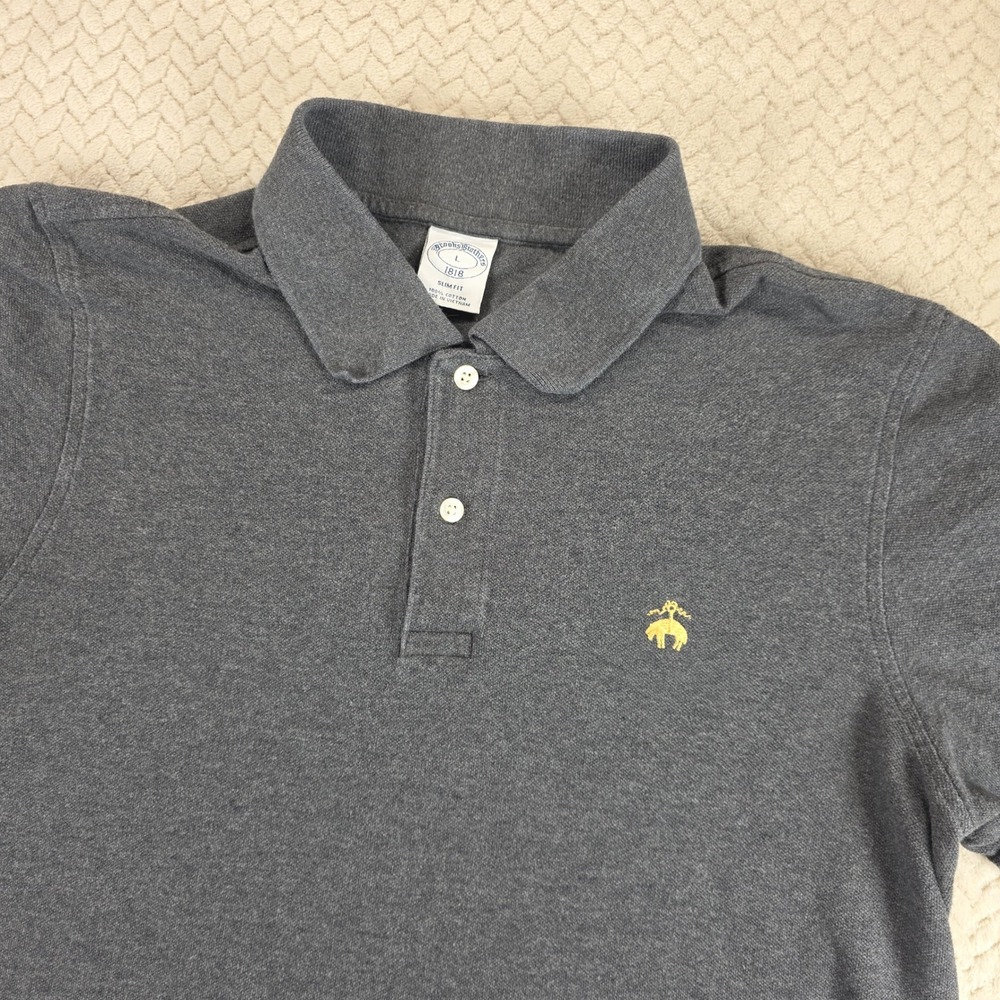Brooks Brothers 1818 Mens Slim Fit Cotton Pique Polo Shirt Gray Large Logo